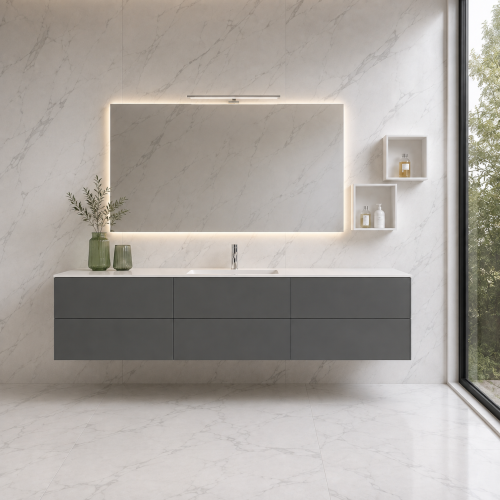  Plan Vasque Solid Surface + Meuble Suspendu en MDF - 6 Tiroirs | 3325