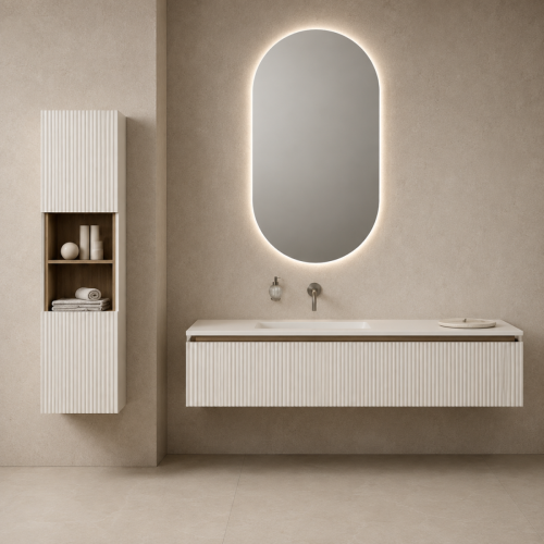 Plan Vasque Corian + Meuble en MDF Laqué Cannelé | 2 Tiroirs — 321678