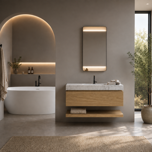 Meuble suspendu en chêne 1/2 tiroirs + Vasque MARBRE | 3904