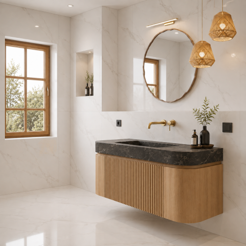 Meuble suspendu Frênev Naturel  + Vasque en Marbre | 3907