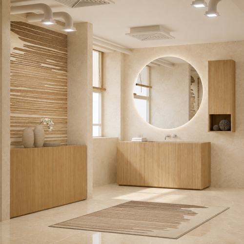 Vasque Marbre  + Meuble posé au sol en Chêne Nature - 3 Portes | 3323
