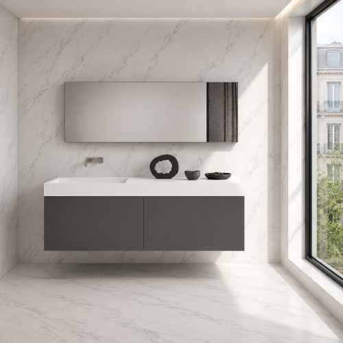 Vasque Solid Surface + Meuble Suspendu en MDF - 2 Tiroirs Alignés | 3324