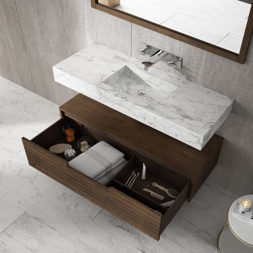 Vasque en Marbre Authentique Carrara + Meuble Suspendu Wood en Chêne Massif - 1 Tiroir | 3214
