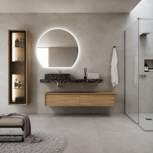 Vasque Marbre Marquina + Meuble Suspendu en Chêne  - 2 Tiroirs Alignés | 3322