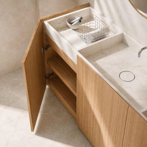Vasque Marbre  + Meuble posé au sol en Chêne Nature - 3 Portes | 3323